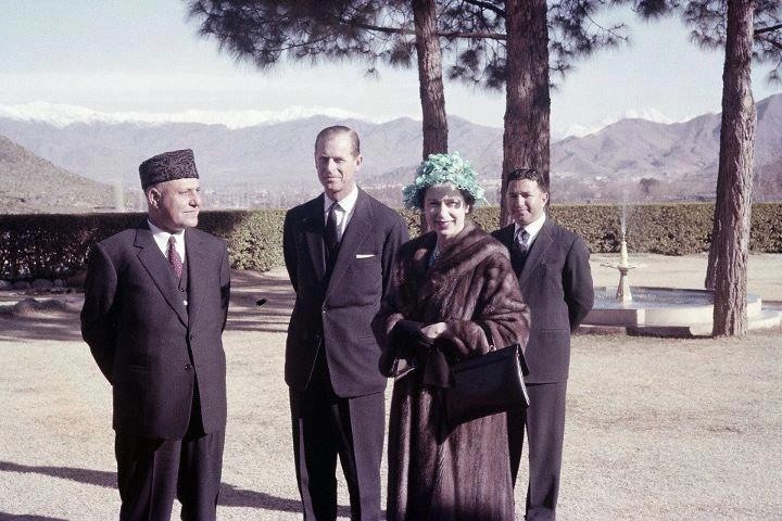 1961 - From left Miangul Jahanzeb (Wali/ King of Swat State), Prince Philip, and Queen Elizabeth II