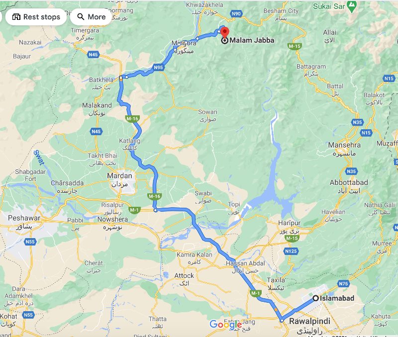 Islamabad to Malam Jabba Road Map and Distance